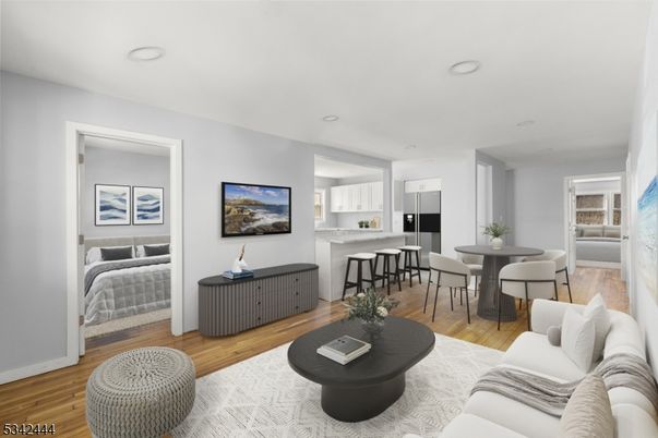 Bedroom, Dining room, Interior, Living room, Recessed Lighting, Wood Texture Flooring