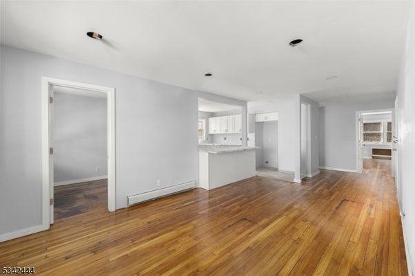 Empty room, Interior, Kitchen, Recessed Lighting, Wood Texture Flooring
