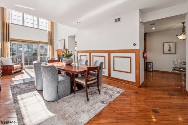 Dining room, Interior, Pendant Lights, Recessed Lighting, Wood Texture Flooring