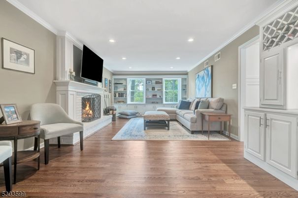 Fireplace, Interior, Living room, Recessed Lighting, Wood Texture Flooring