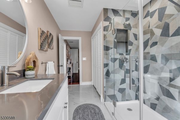 Bathroom, Dual Sink Vanities, Glass Shower, Interior, Marble