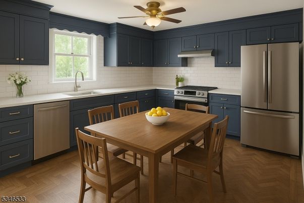 Dining room, Interior, Kitchen, Stainless Steel Appliances, Wood Texture Flooring