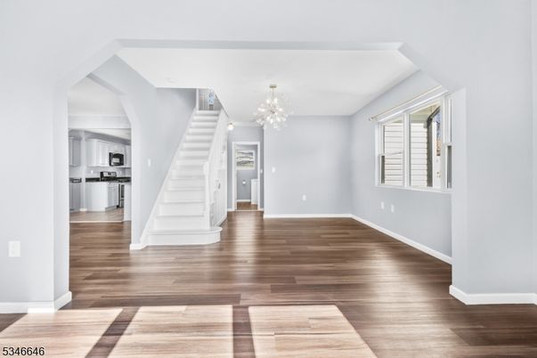 Chandelier, Empty room, Interior, Kitchen, Pendant Lights, Wood Texture Flooring