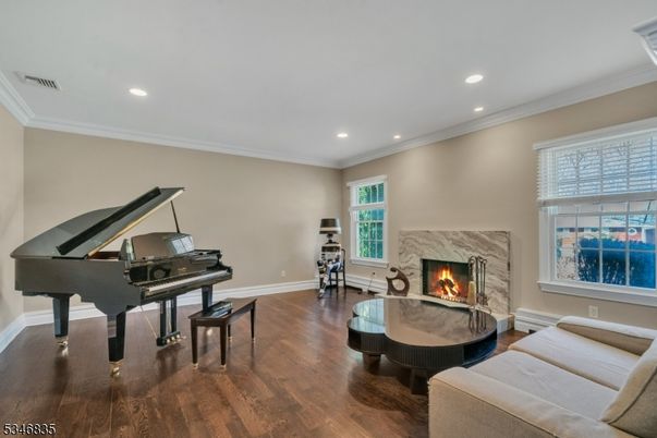 Fireplace, Interior, Living room, Piano, Recessed Lighting, Wood Texture Flooring