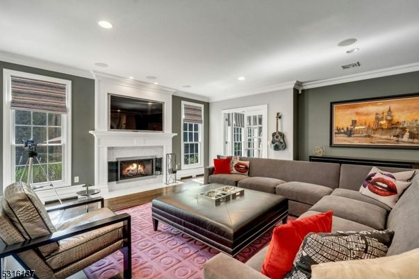 Fireplace, Interior, Living room, Recessed Lighting, Wood Texture Flooring