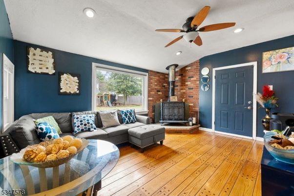 Interior, Living room, Recessed Lighting, Stone Walls, Wood Texture Flooring
