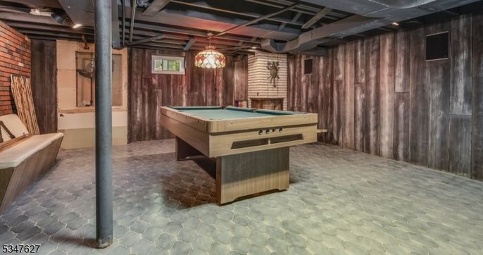 Billiard Table, Game Room, Interior, Pendant Lights, Stone Walls