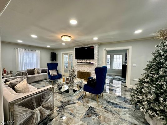 Fireplace, Interior, Living room, Marble, Recessed Lighting