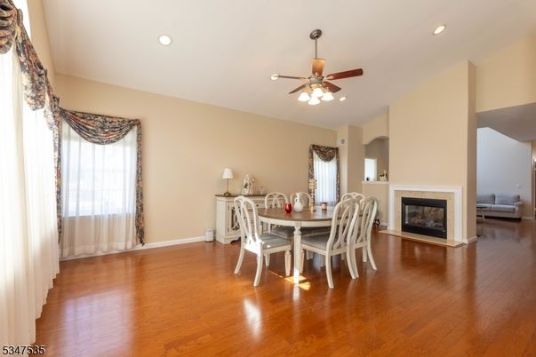 Dining room, Fireplace, Interior, Recessed Lighting, Wood Texture Flooring