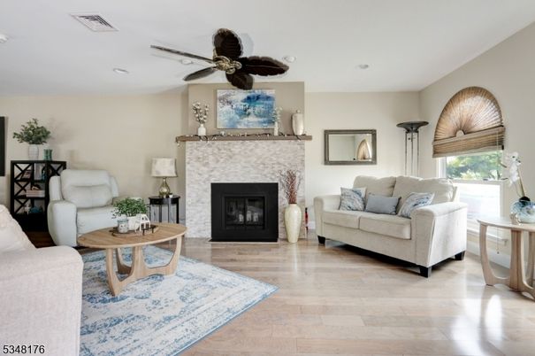 Fireplace, Interior, Living room, Recessed Lighting, Wood Texture Flooring