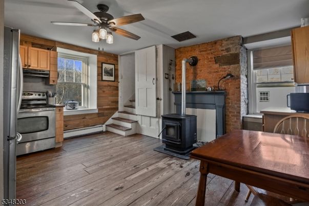 Dining room, Fireplace, Interior, Kitchen, Stone Walls, Wood Texture Flooring