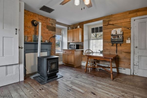 Fireplace, Home Office, Interior, Stone Walls, Wood Texture Flooring, Wooden Walls