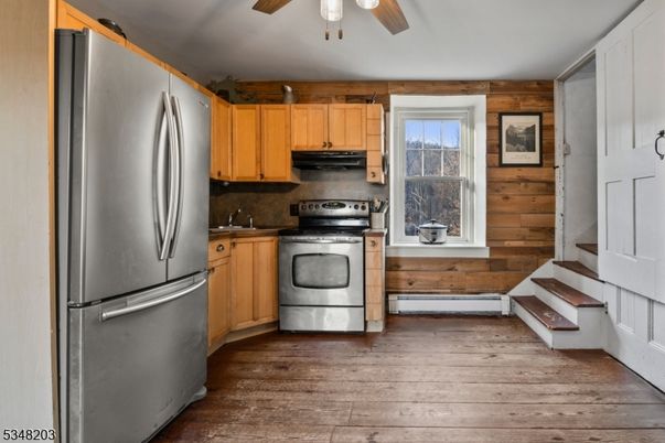 Interior, Kitchen, Stainless Steel Appliances, Wood Texture Flooring, Wooden Walls