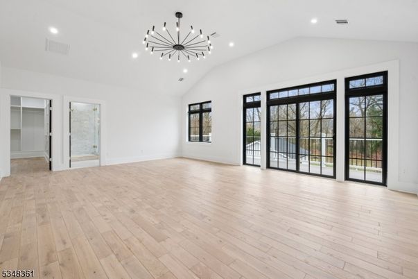 Empty room, Interior, Pendant Lights, Recessed Lighting, Wood Texture Flooring