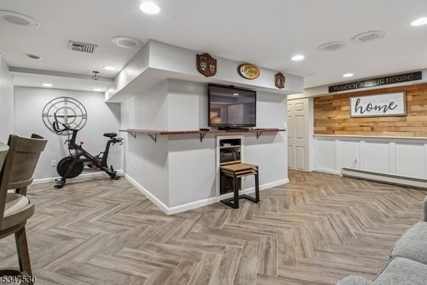 Fitness Equipment, Interior, Recessed Lighting, Wood Texture Flooring, Wooden Walls