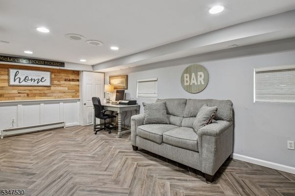 Home Office, Interior, Recessed Lighting, Wood Texture Flooring, Wooden Walls