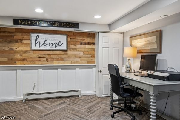 Home Office, Interior, Recessed Lighting, Wood Texture Flooring, Wooden Walls
