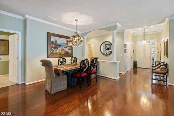 Chandelier, Dining room, Interior, Pendant Lights, Wood Texture Flooring