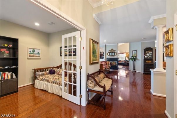 Bedroom, Fireplace, Interior, Recessed Lighting, Wood Texture Flooring