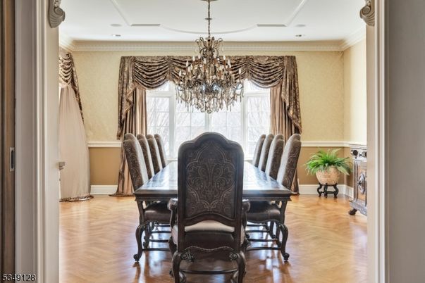 Chandelier, Dining room, Interior, Recessed Lighting, Wood Texture Flooring