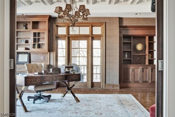 Chandelier, Home Office, Interior, Wood Texture Flooring