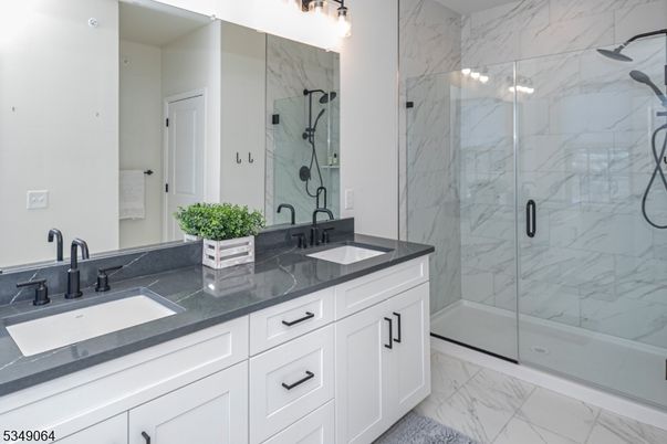 Bathroom, Dual Sink Vanities, Glass Shower, Interior, Marble, Marble Walls