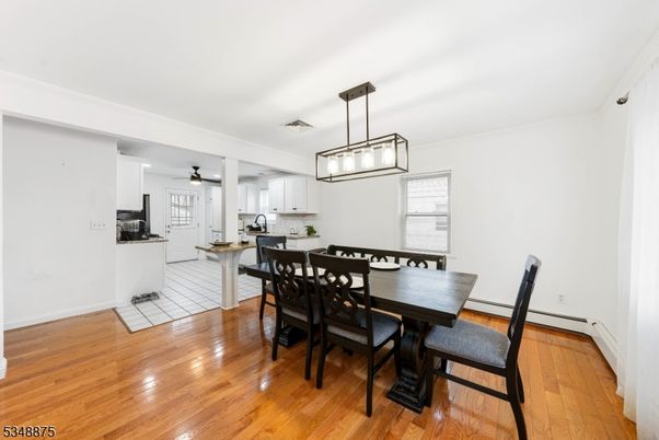 Dining room, Interior, Kitchen, Pendant Lights, Wood Texture Flooring