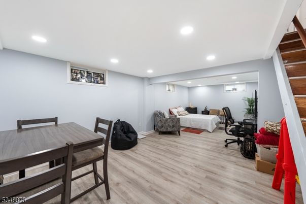 Bedroom, Dining room, Interior, Recessed Lighting, Wood Texture Flooring