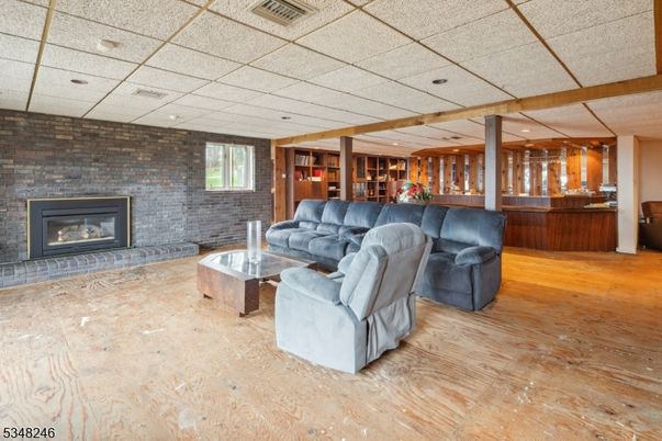 Fireplace, Interior, Living room, Recessed Lighting, Stone Walls
