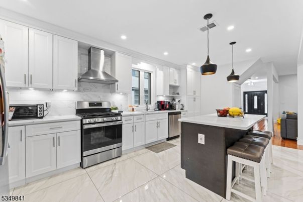Interior, Kitchen, Marble, Pendant Lights, Recessed Lighting, Stainless Steel Appliances