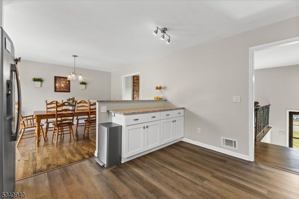 Dining room, Interior, Pendant Lights, Wood Texture Flooring