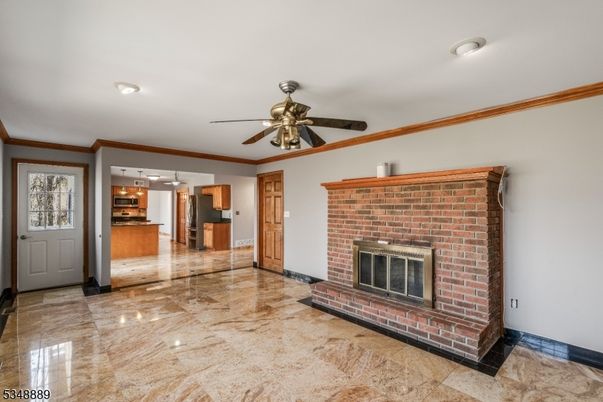 Empty room, Fireplace, Interior, Kitchen, Recessed Lighting, Stone Walls