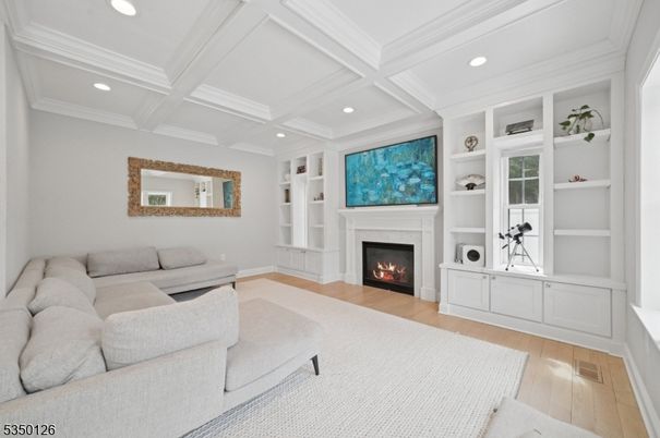 Fireplace, Interior, Living room, Recessed Lighting, Wood Texture Flooring