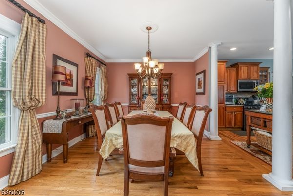 Chandelier, Dining room, Interior, Kitchen, Recessed Lighting, Wood Texture Flooring