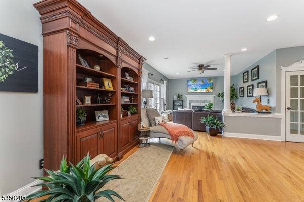 Fireplace, Interior, Living room, Recessed Lighting, Wood Texture Flooring
