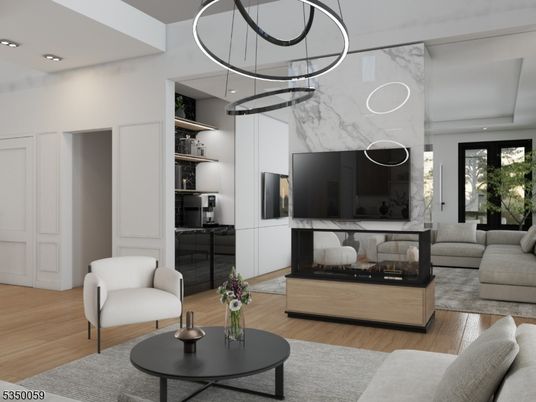 Interior, Living room, Marble Walls, Pendant Lights, Recessed Lighting, Wood Texture Flooring
