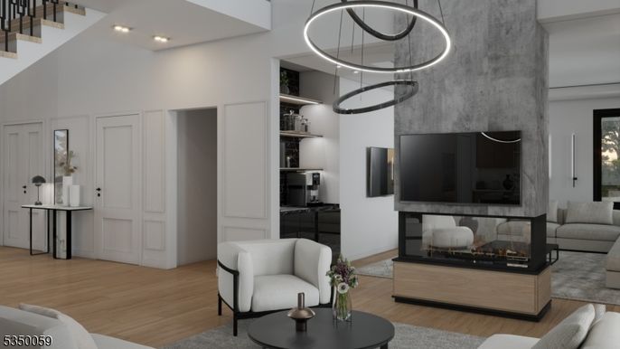 Fireplace, Interior, Living room, Pendant Lights, Recessed Lighting, Wood Texture Flooring