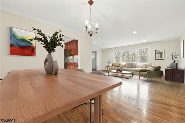 Chandelier, Dining room, Interior, Living room, Recessed Lighting, Wood Texture Flooring