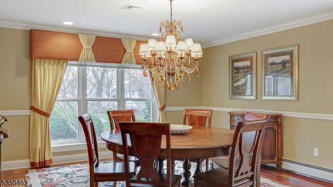 Chandelier, Dining room, Interior, Recessed Lighting, Wood Texture Flooring