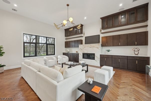Fireplace, Interior, Living room, Pendant Lights, Recessed Lighting, Wood Texture Flooring