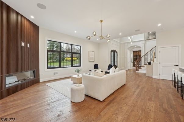 Fireplace, Interior, Living room, Pendant Lights, Recessed Lighting, Wood Texture Flooring