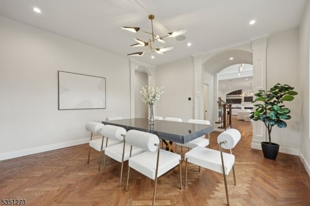 Dining room, Interior, Pendant Lights, Recessed Lighting, Wood Texture Flooring