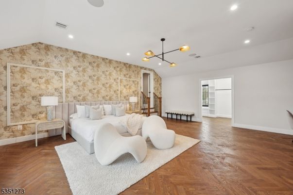 Bedroom, Interior, Pendant Lights, Recessed Lighting, Wood Texture Flooring