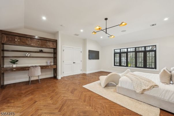 Bedroom, Interior, Pendant Lights, Recessed Lighting, Wood Texture Flooring