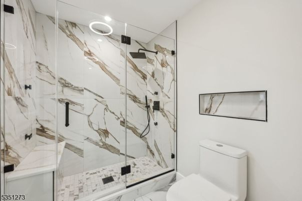 Bathroom, Glass Shower, Interior, Marble, Marble Walls, Recessed Lighting