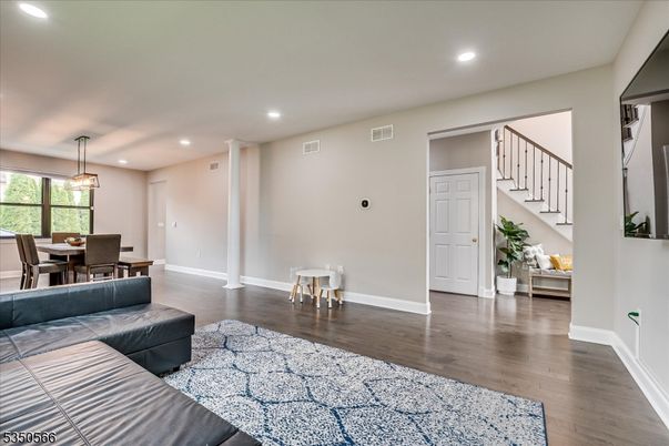 Dining room, Interior, Pendant Lights, Recessed Lighting, Wood Texture Flooring