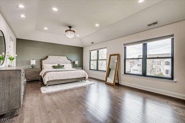 Bedroom, Chandelier, Interior, Recessed Lighting, Wood Texture Flooring