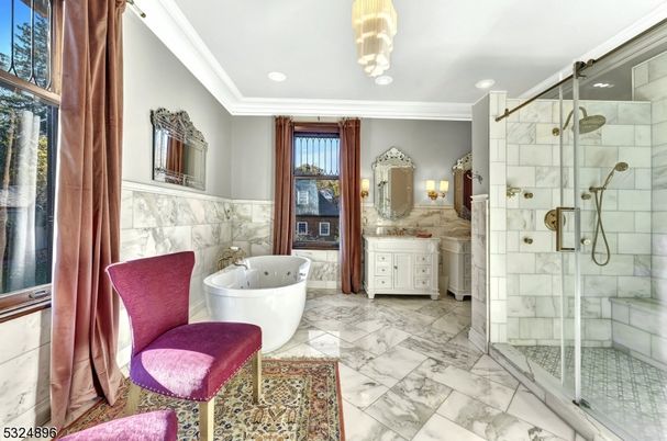 Bathroom, Free Standing Baths, Glass Shower, Interior, Marble, Marble Walls, Recessed Lighting