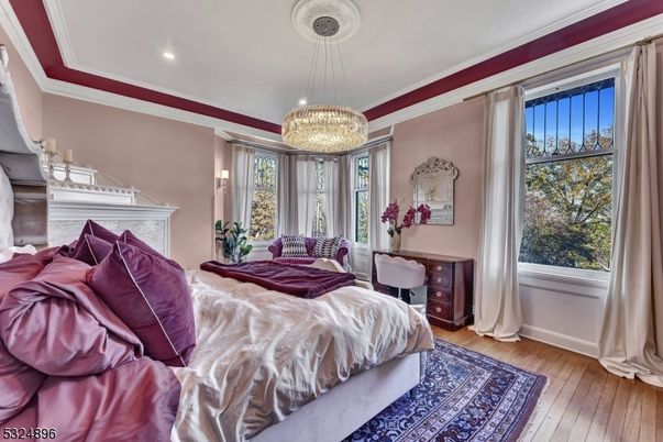 Bedroom, Chandelier, Interior, Pendant Lights, Recessed Lighting, Wood Texture Flooring