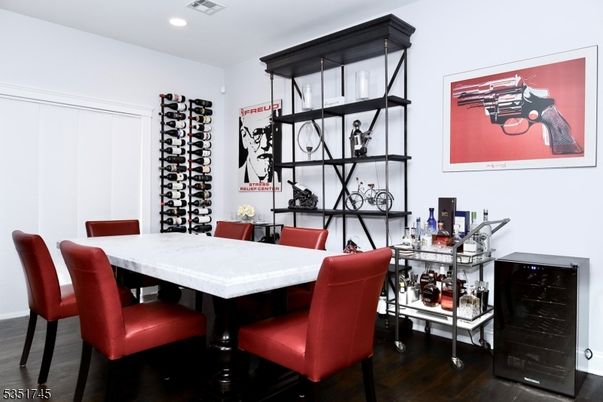 Dining room, Interior, Recessed Lighting, Wine Storage, Wood Texture Flooring